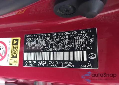 2011 Lexus Ct 200H Premium from USA, damaged, VIN JTHKD5BH9B2026132